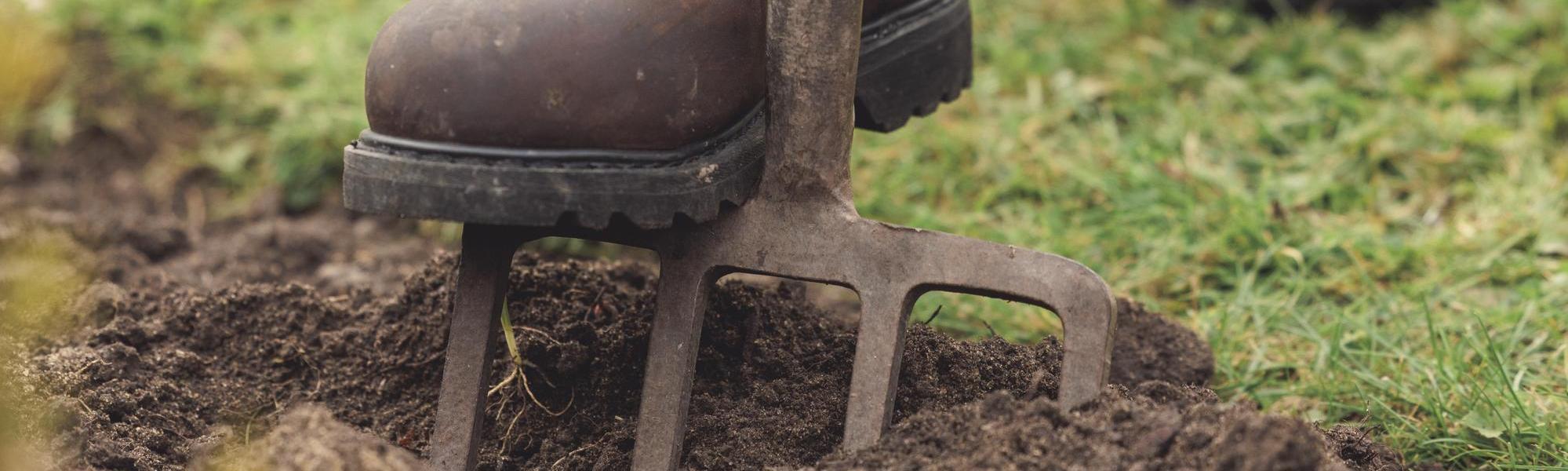 Woman's boot on top of a gardening fork in the ground