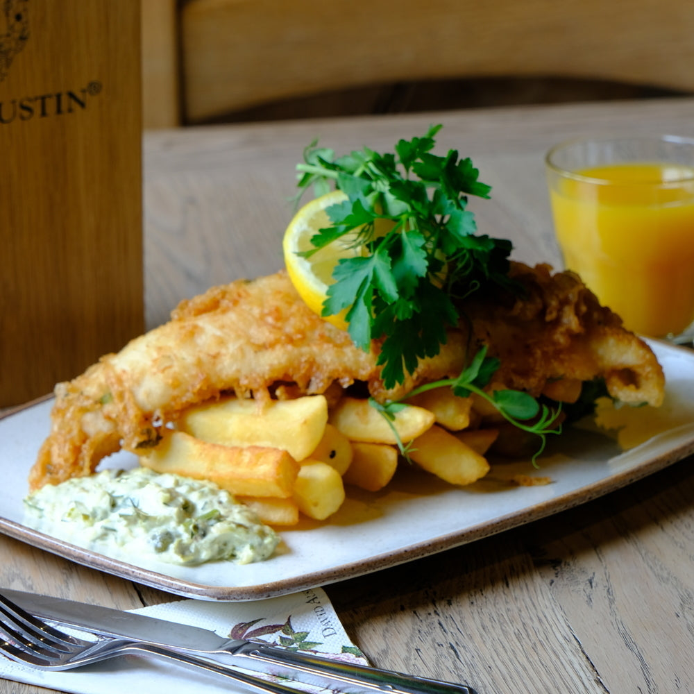 Close up shot of fish and chips served at the David Austin restaurant
