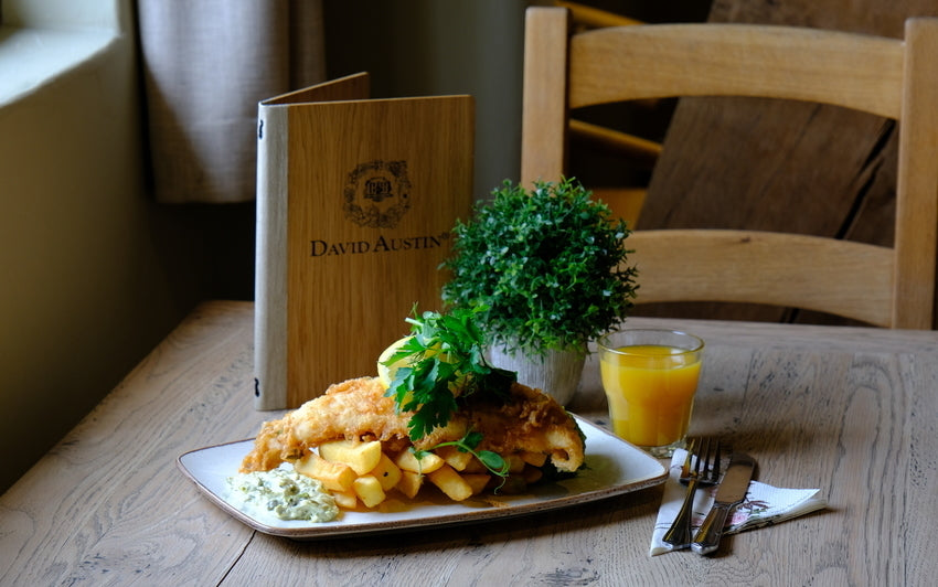Close up of fish and chips at the David Austin restaurant